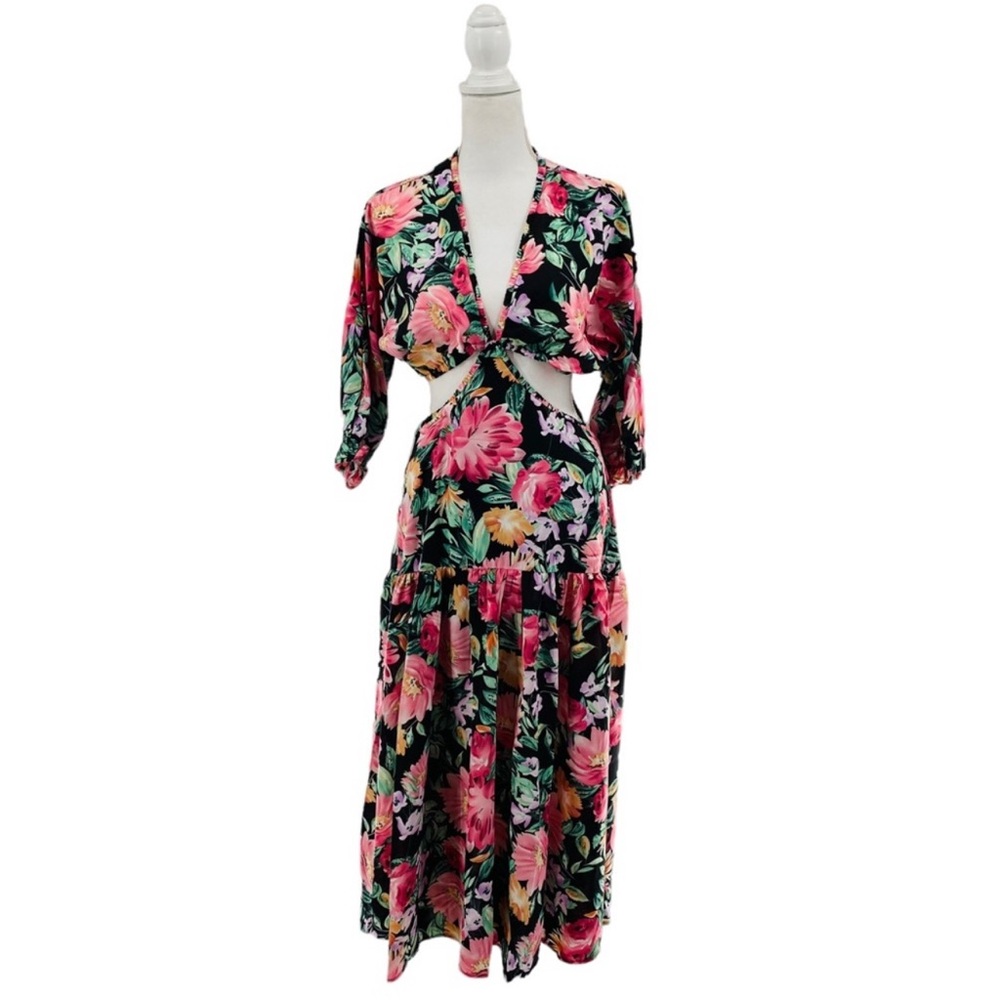 Petal & Pup NEW Tara Cut Out Floral V Neck Midi Dress in Black Size 10